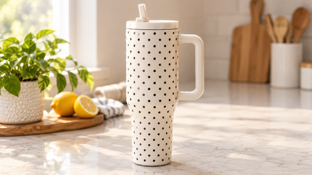 Cream 40oz insulated tumbler with handle and flip straw on a kitchen counter