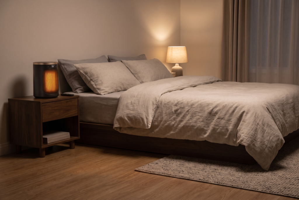 DREO Space Heater placed safely on bedroom floor beside bed away from bedding with gentle orange glow