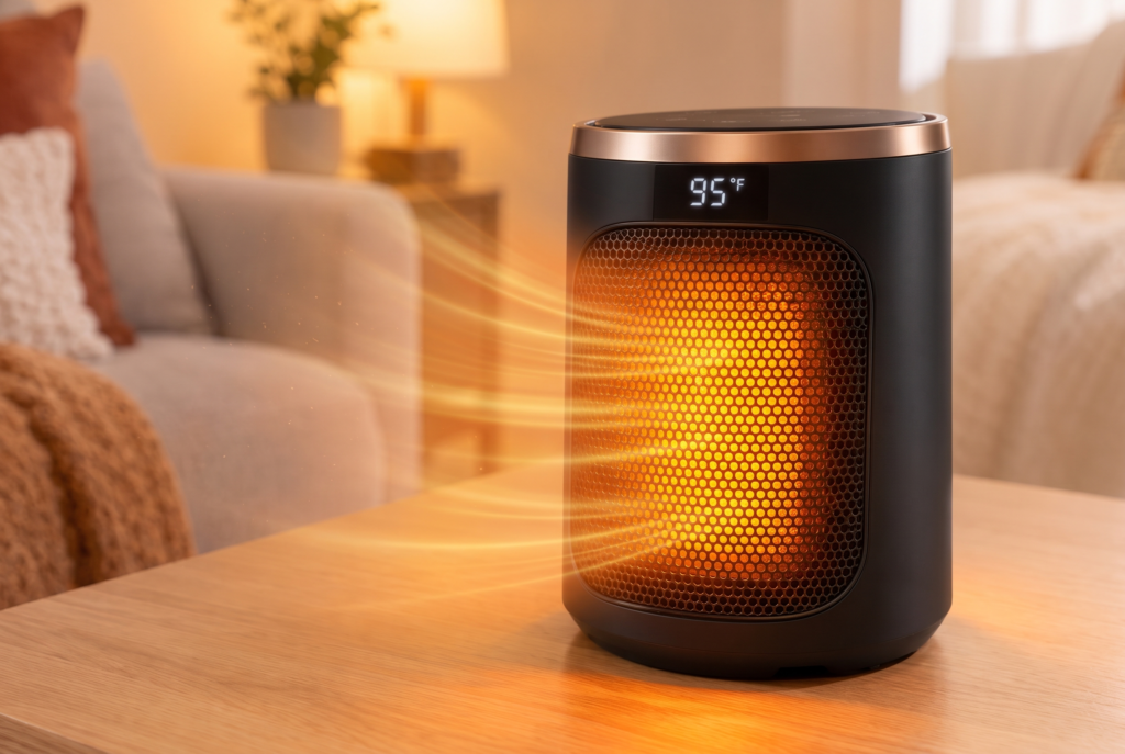 DREO Space Heater honeycomb front grille with warm orange heat airflow radiating into indoor room