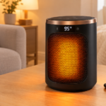 DREO Space Heater Heater 316 portable electric heater with remote control and glowing orange grille on wooden surface
