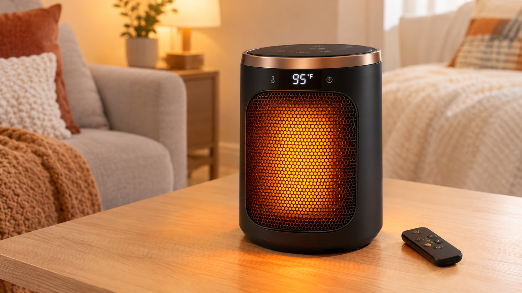 DREO Space Heater Heater 316 portable electric heater with remote control and glowing orange grille on wooden surface