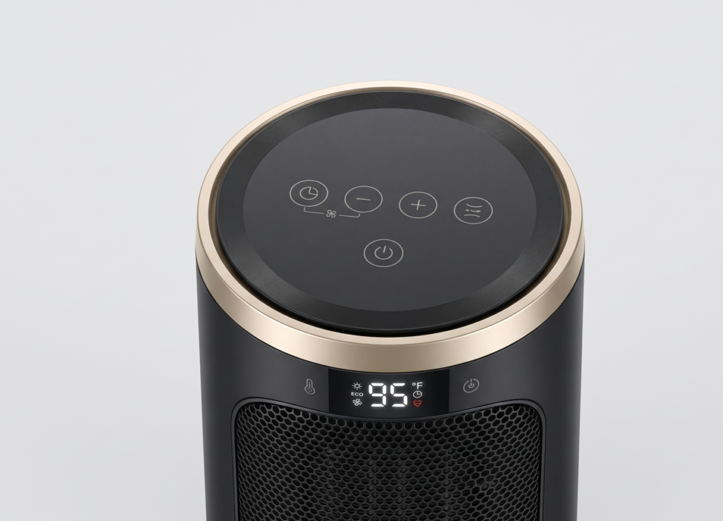 DREO Space Heater top touch control panel with LED display showing 95 degrees Fahrenheit and gold-tone ring