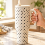 Insulated water bottle with handle held in one hand on a bright kitchen counter