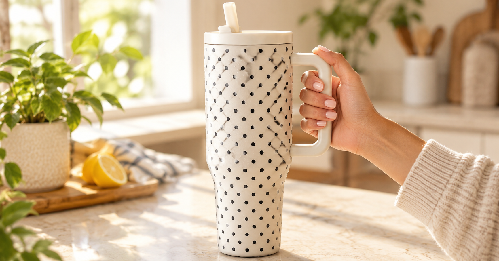 Insulated water bottle with handle held in one hand on a bright kitchen counter