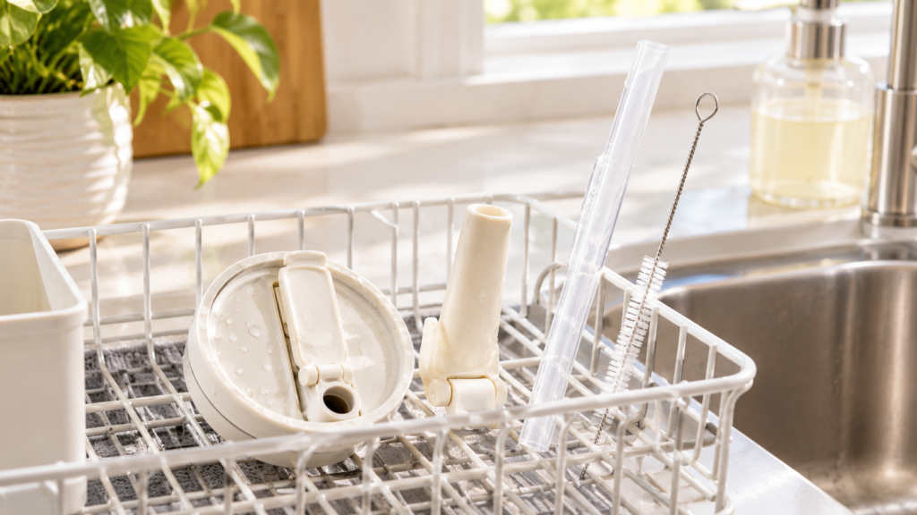 Tumbler lid and straw drying on a dish rack after washing